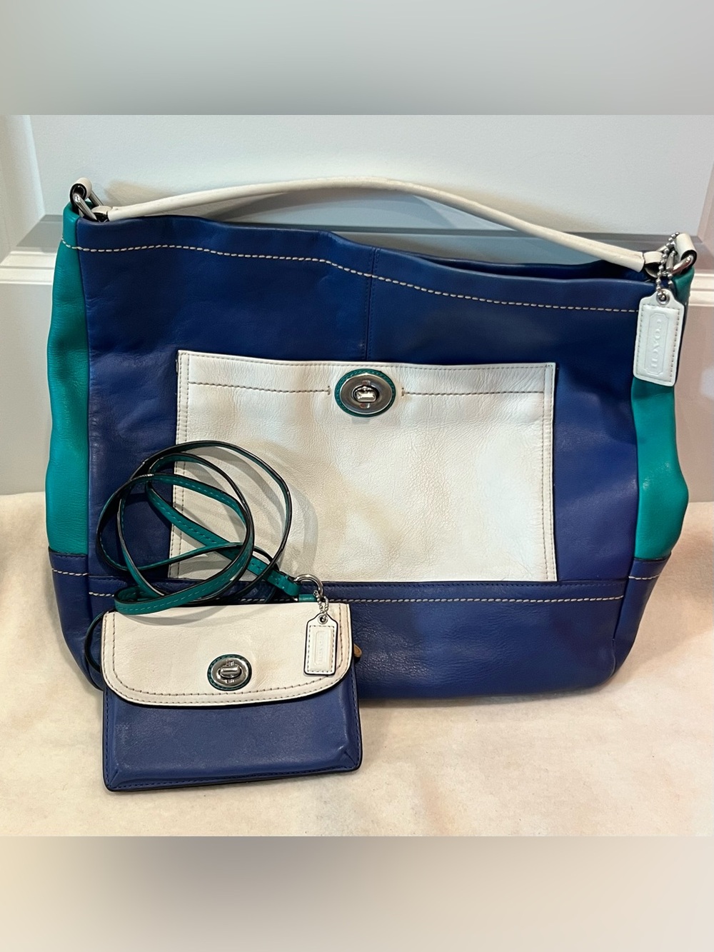 Coach Carrie Color block Leather Shoulder Bag with Matching Crossbody Wallet Set